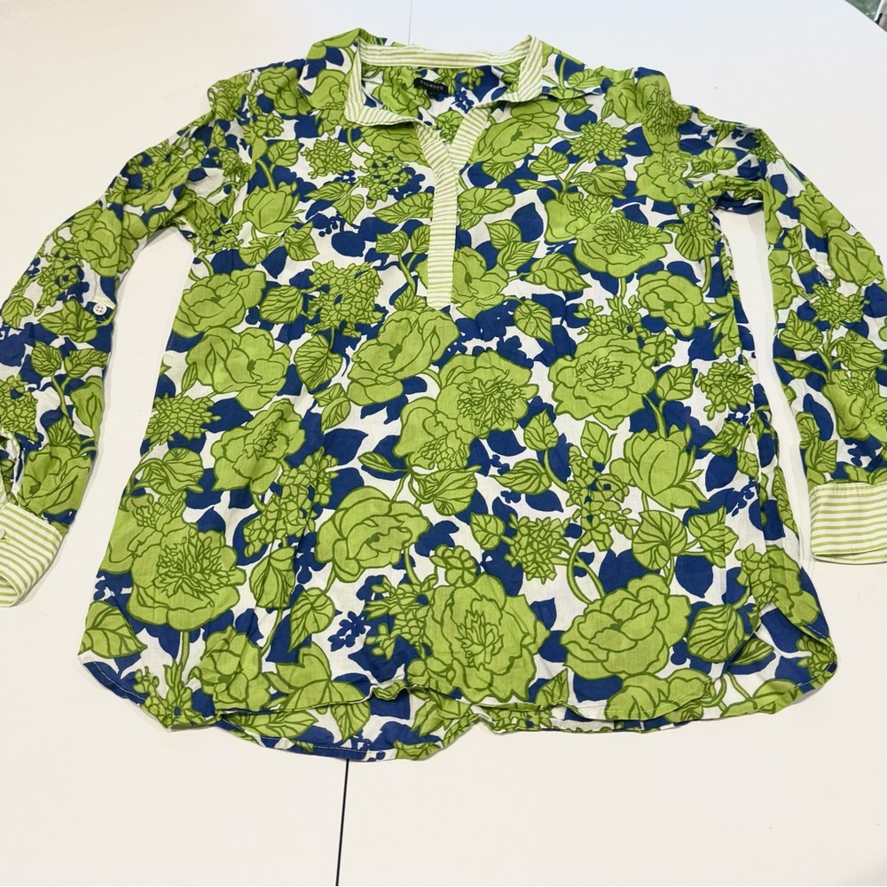 Talbots Floral Print Henley Tunic Top Blouse Size L Green Blue & White Light Wgt - Picture 8 of 11